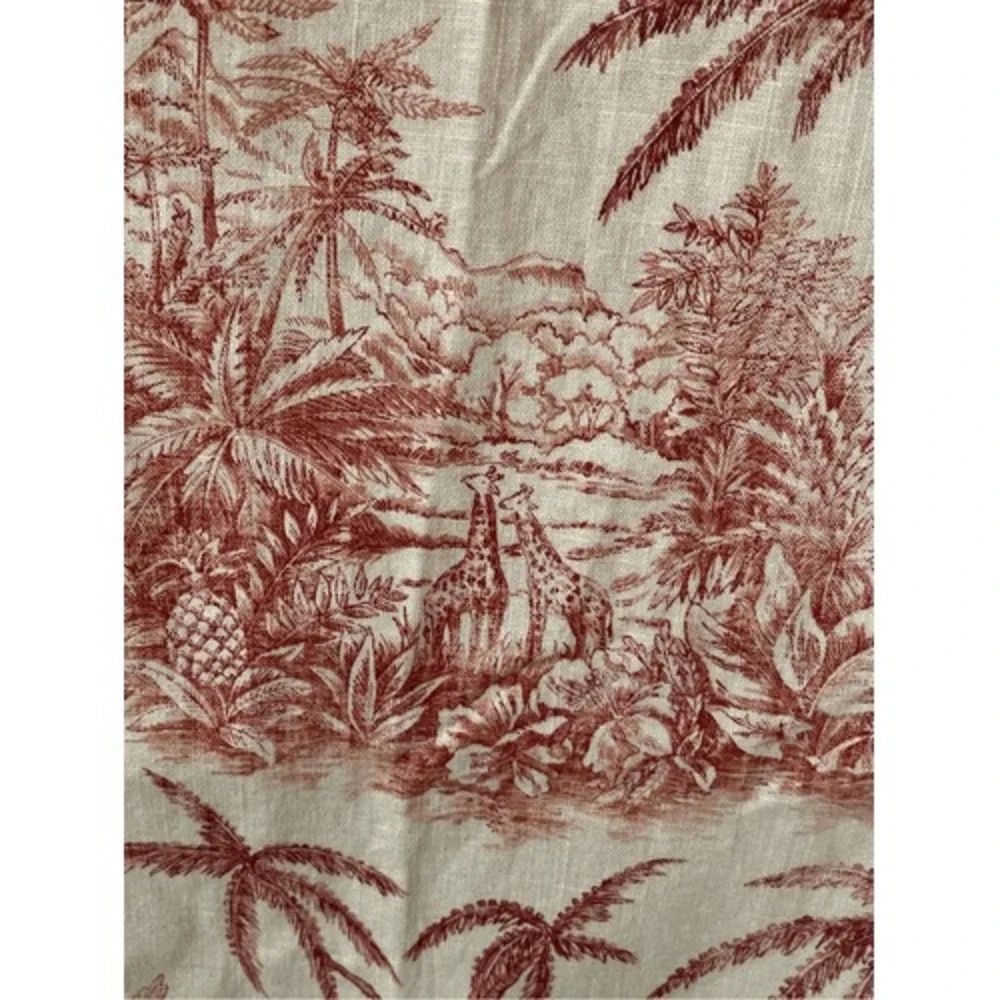 Vintage Red Toile Palm Tree Cotton Pinch Pleat Heavy Curtain Panels Pair 82 In